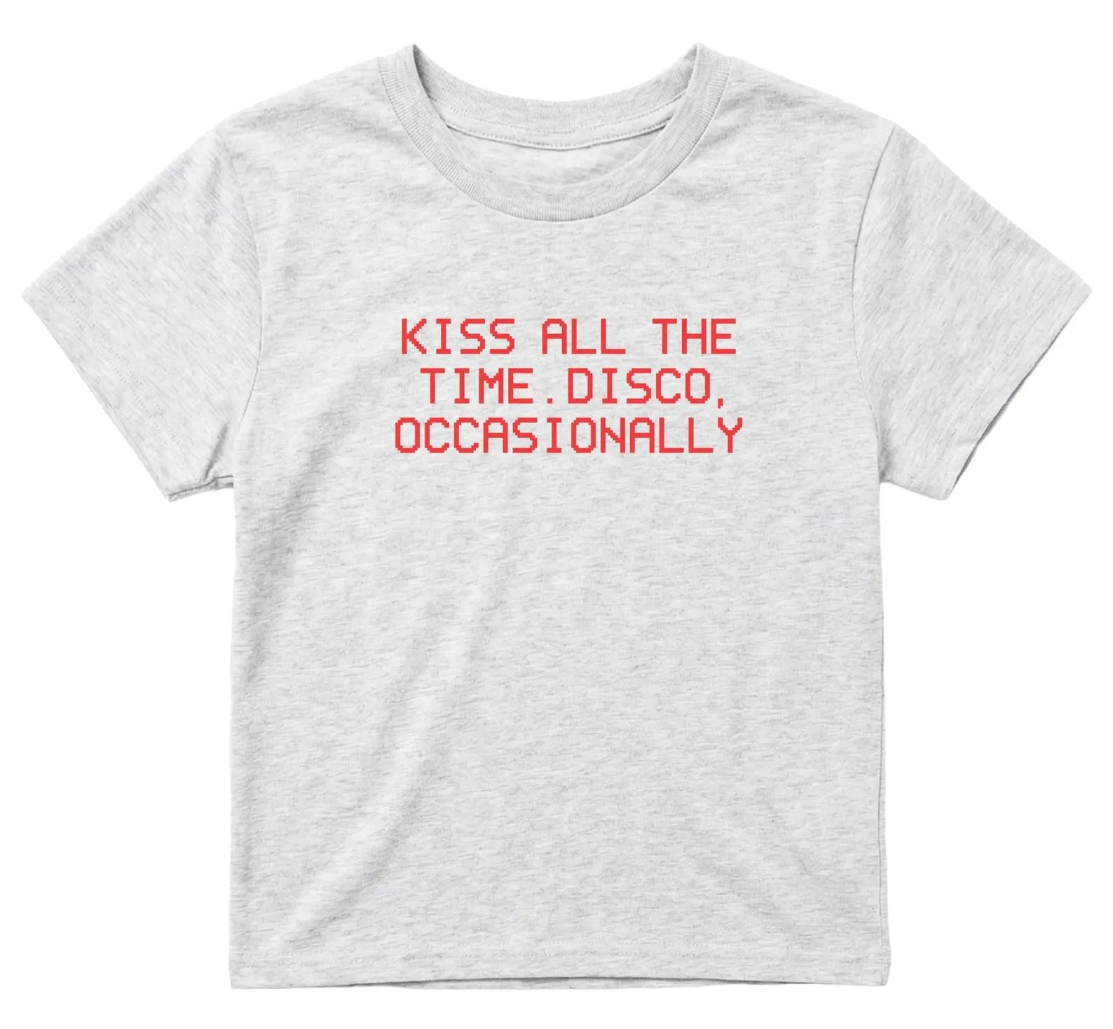 Kiss All The Time Disco Occasionally Blue Baby Tee | Retro Graphic T-Shirt for Women