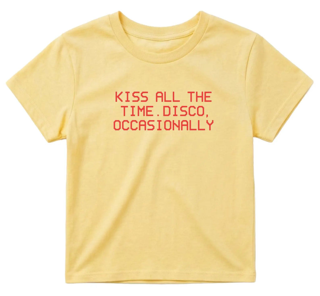 Kiss All The Time Disco Occasionally Blue Baby Tee | Retro Graphic T-Shirt for Women