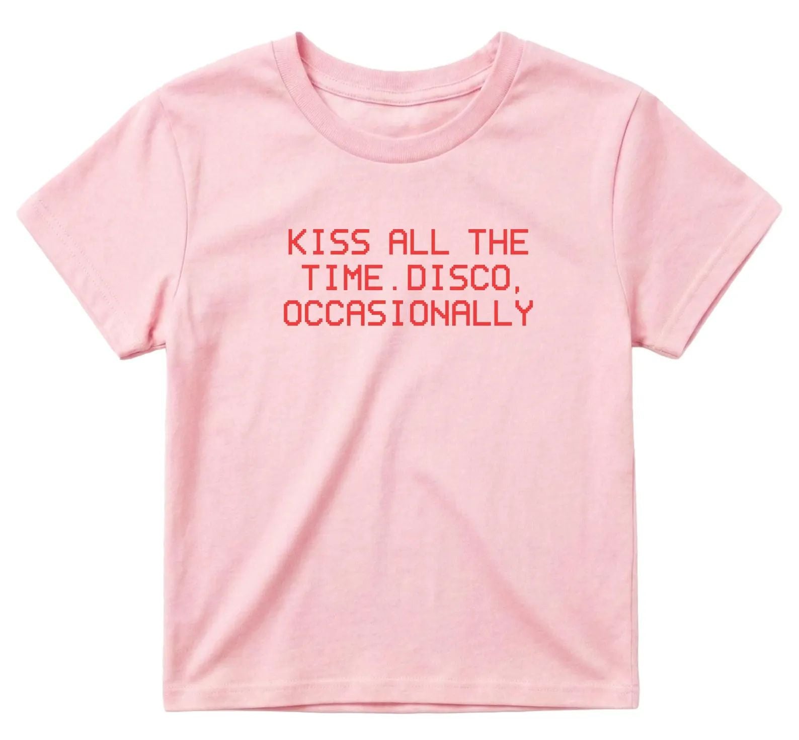 Kiss All The Time Disco Occasionally Blue Baby Tee | Retro Graphic T-Shirt for Women