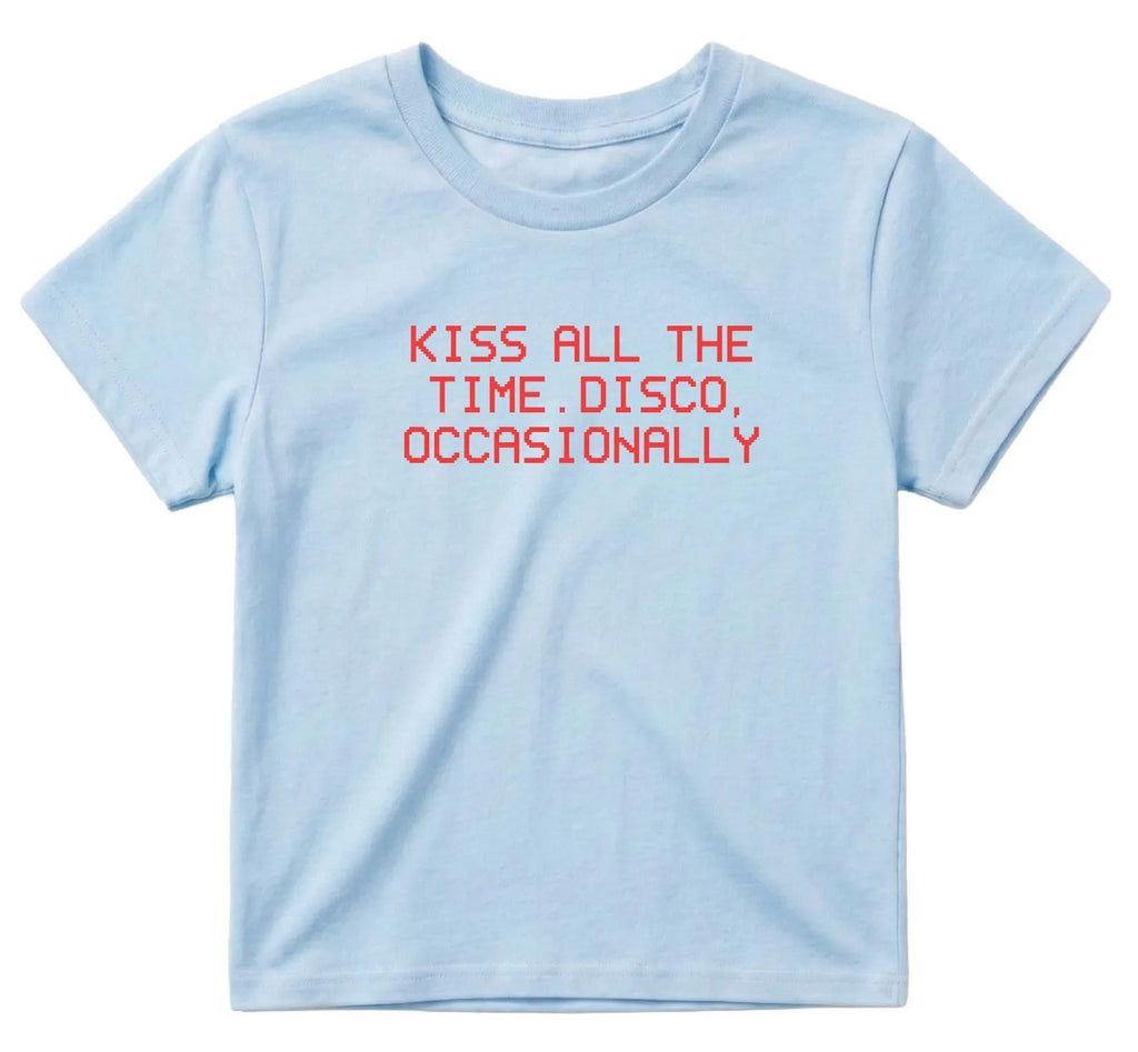 Kiss All The Time Disco Occasionally Blue Baby Tee | Retro Graphic T-Shirt for Women