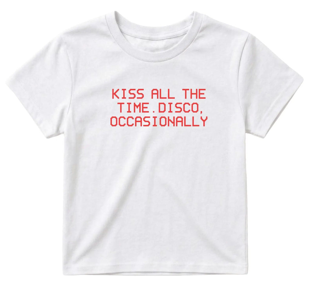 Kiss All The Time Disco Occasionally Blue Baby Tee | Retro Graphic T-Shirt for Women