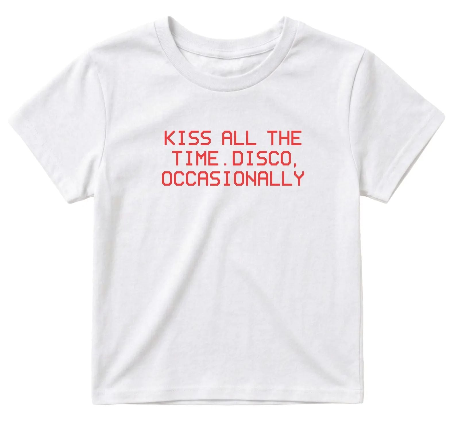 Kiss All The Time Disco Occasionally Blue Baby Tee | Retro Graphic T-Shirt for Women