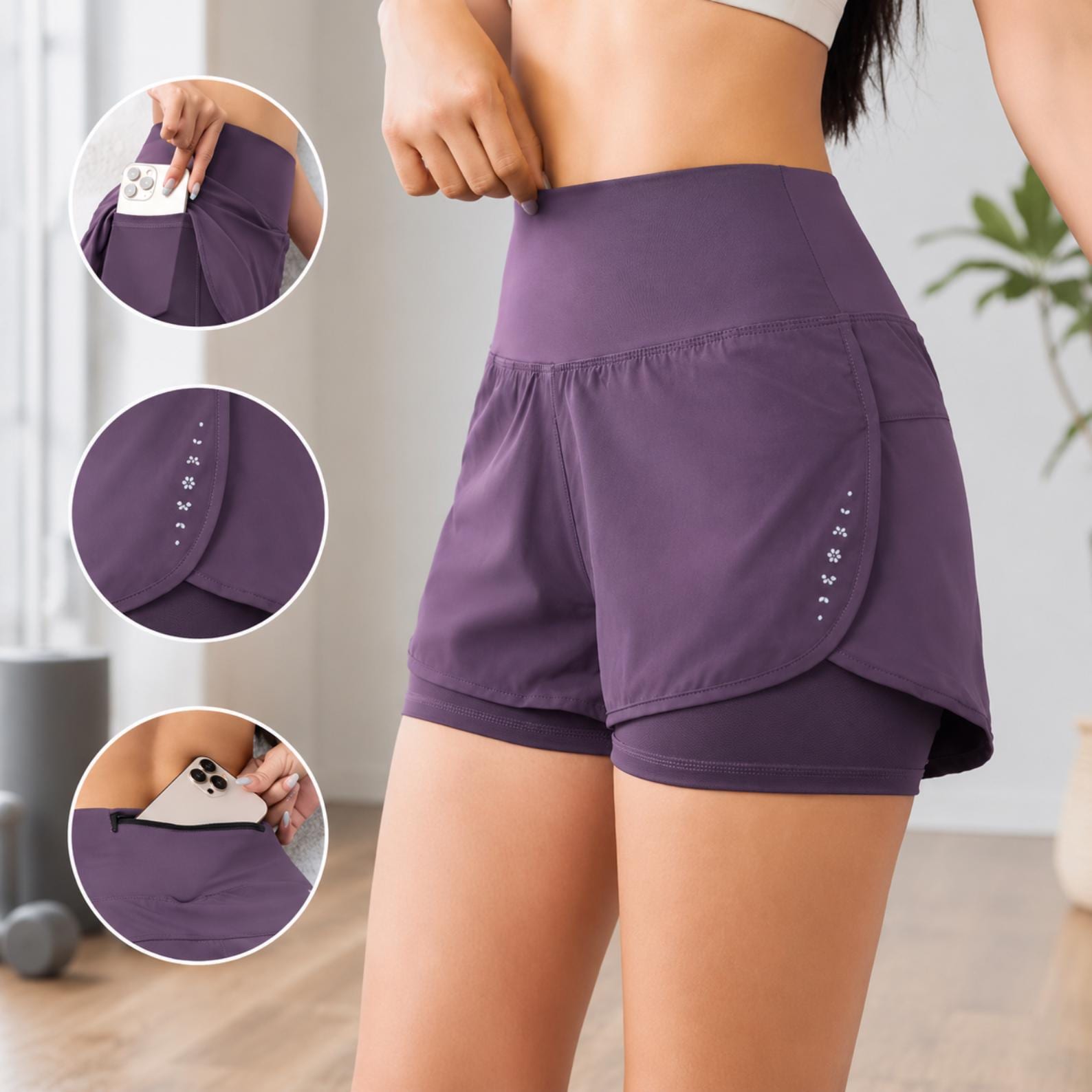 Women Running Shorts, High Waist 2 In 1 Yoga Shorts with Pockets