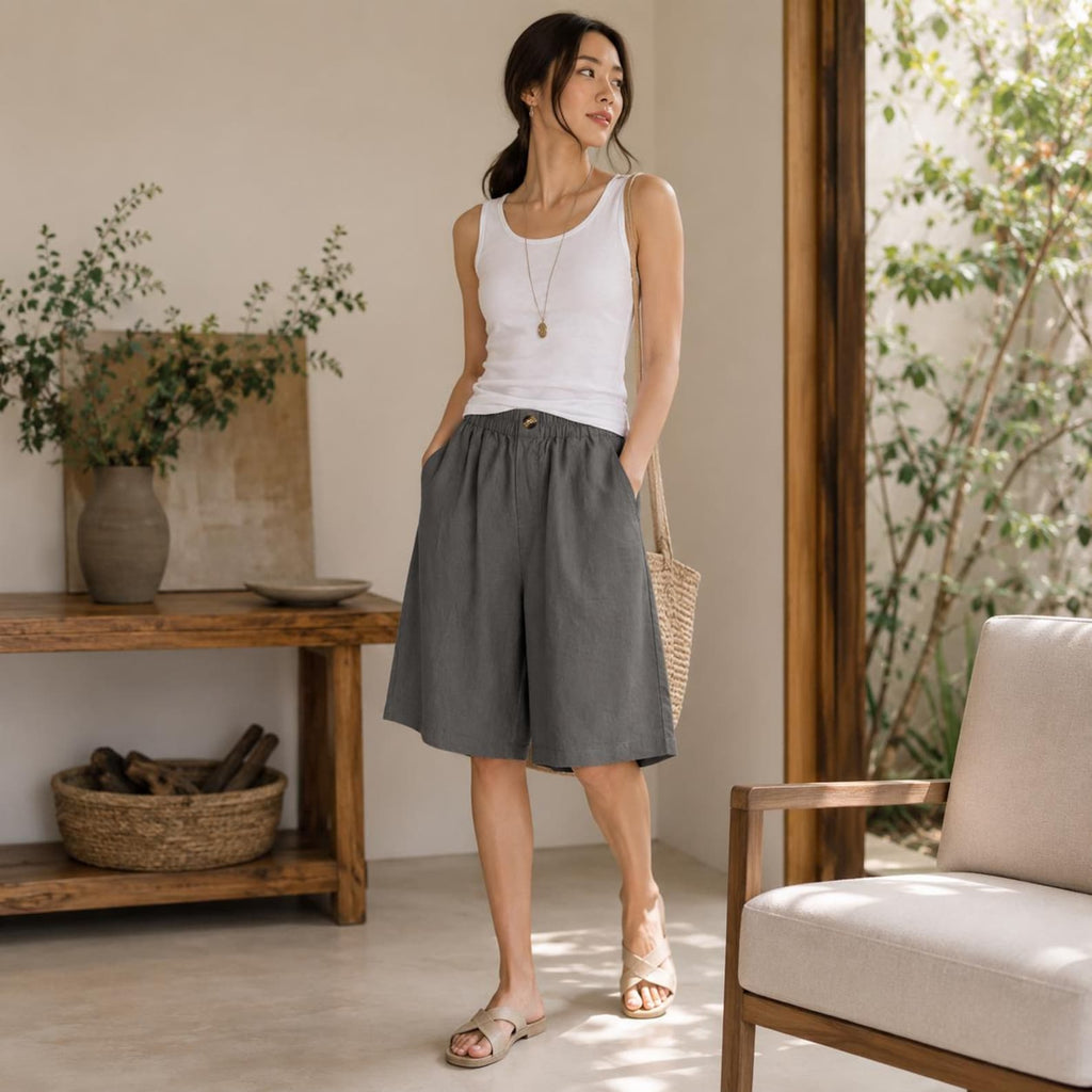 Womens Casual Knee Length Shorts Elastic Waist Loose Summer Lightweight Pocket Short