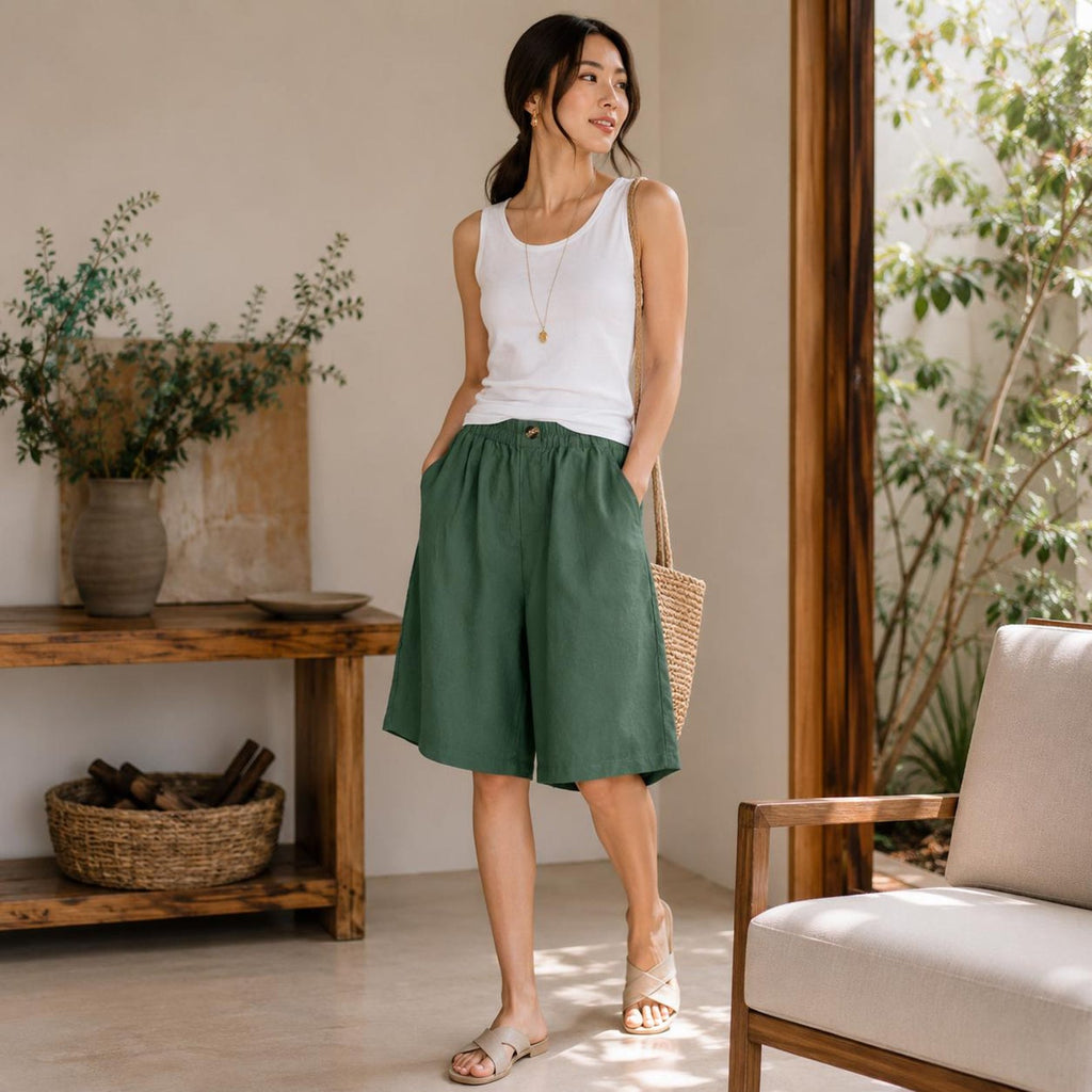 Womens Casual Knee Length Shorts Elastic Waist Loose Summer Lightweight Pocket Short