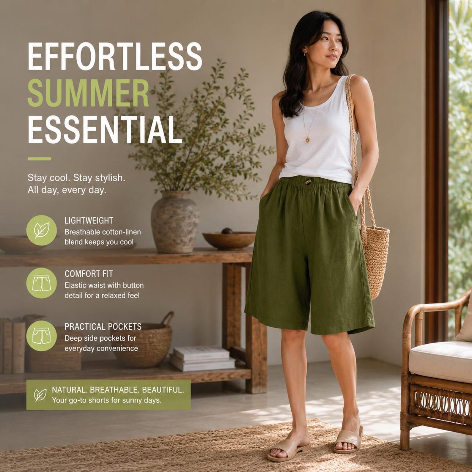 Womens Casual Knee Length Shorts Elastic Waist Loose Summer Lightweight Pocket Short