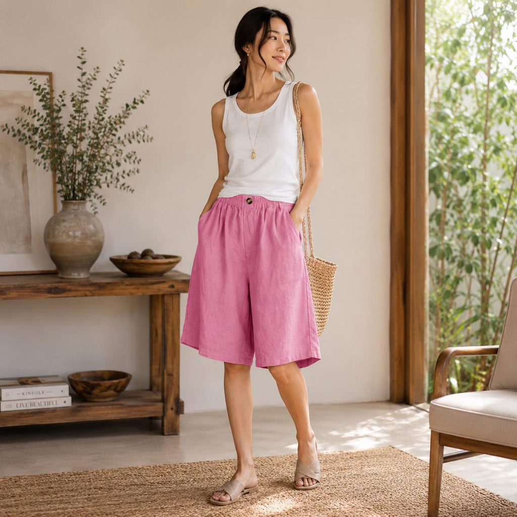Womens Casual Knee Length Shorts Elastic Waist Loose Summer Lightweight Pocket Short