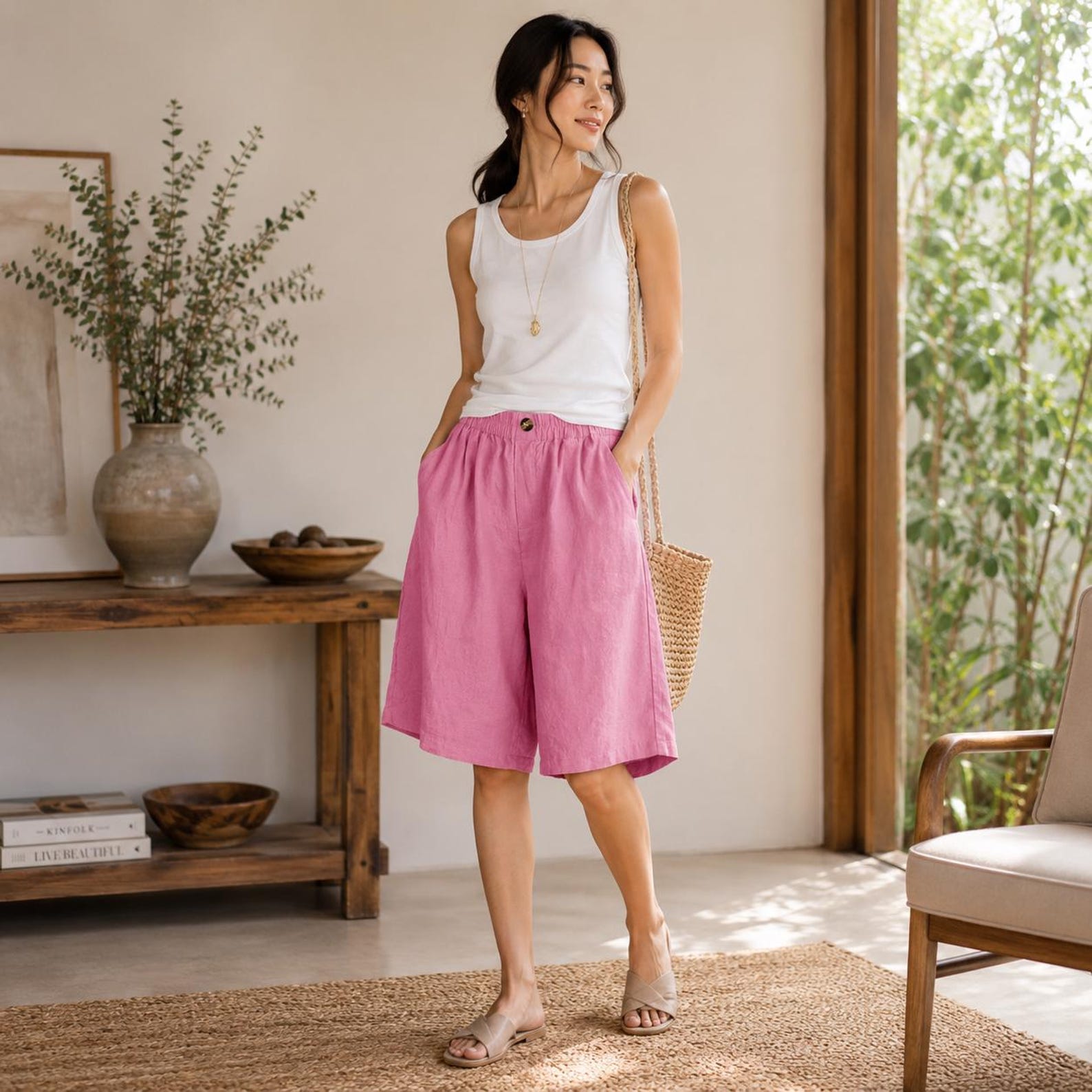 Womens Casual Knee Length Shorts Elastic Waist Loose Summer Lightweight Pocket Short