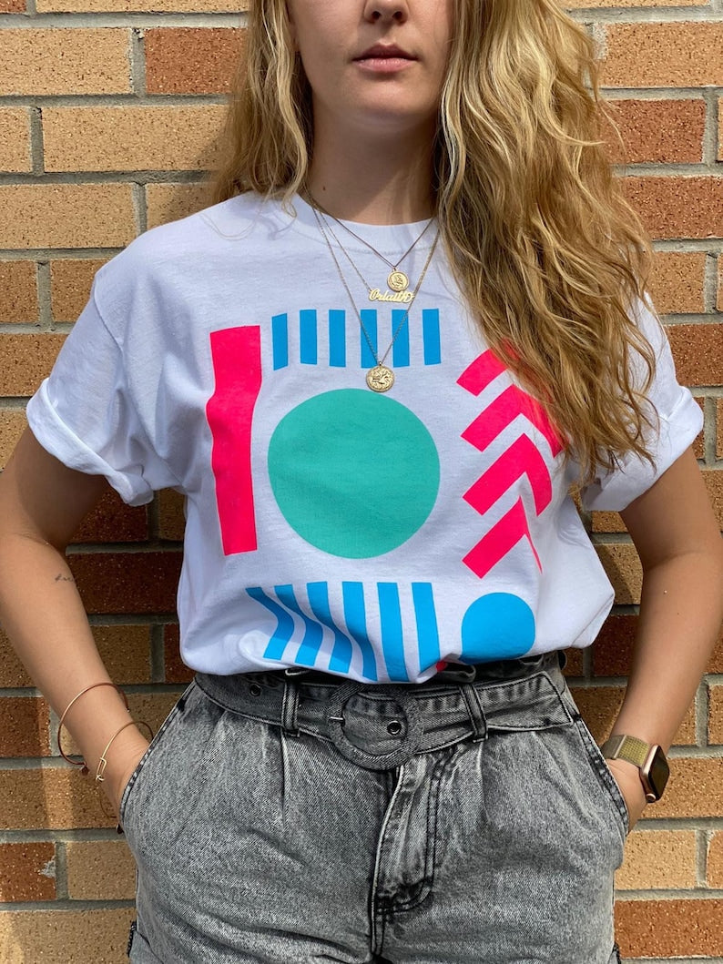 Hand printed graphic T-shirt Summer T-shirt, Geometric Design, Bright Colors, Neon Tee