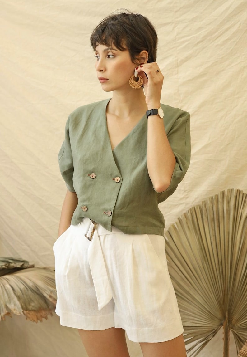White Linen Summer Shorts, Tie Waist Loose Fitting Shorts