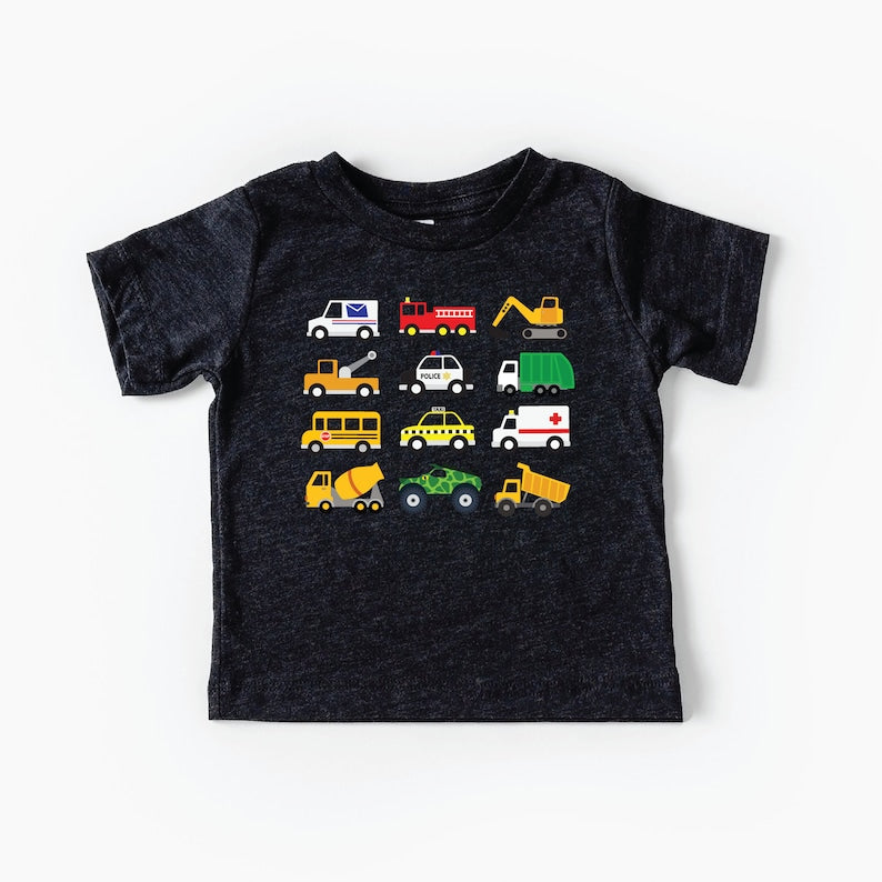 Lots of trucks Tshirt for toddlers, garbage truck, fire truck, school bus, construction trucks