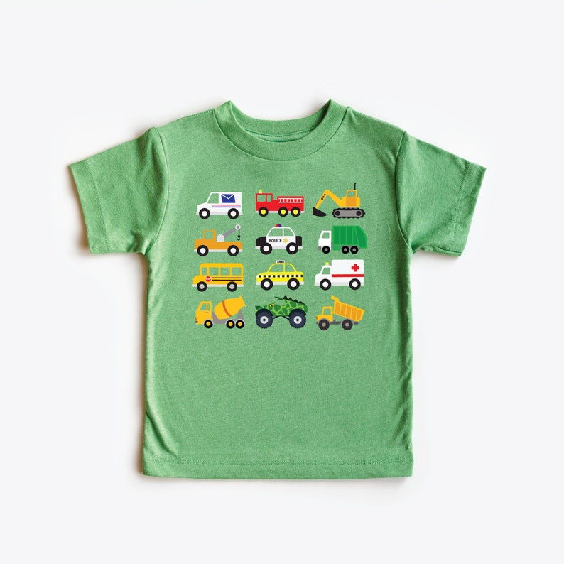 Lots of trucks Tshirt for toddlers, garbage truck, fire truck, school bus, construction trucks