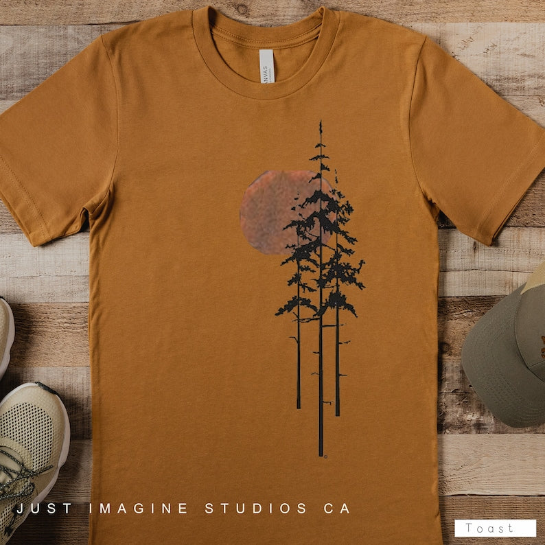 Sunrise Forest Graphic Tee: Unisex Cotton Nature Shirt, Men's outdoor tee, camping shirt, gift for men