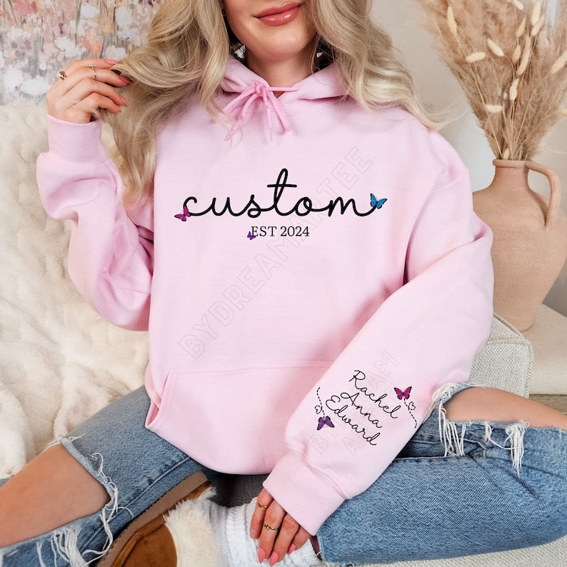 Custom Text on Front and Names on the Sleeve Hoodie