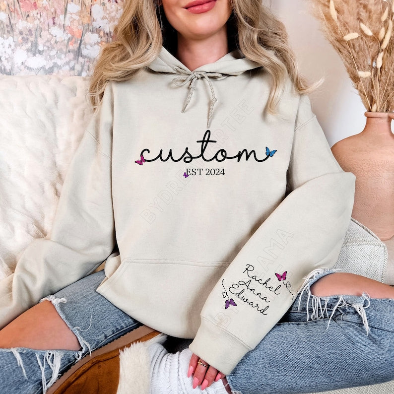 Custom Text on Front and Names on the Sleeve Hoodie