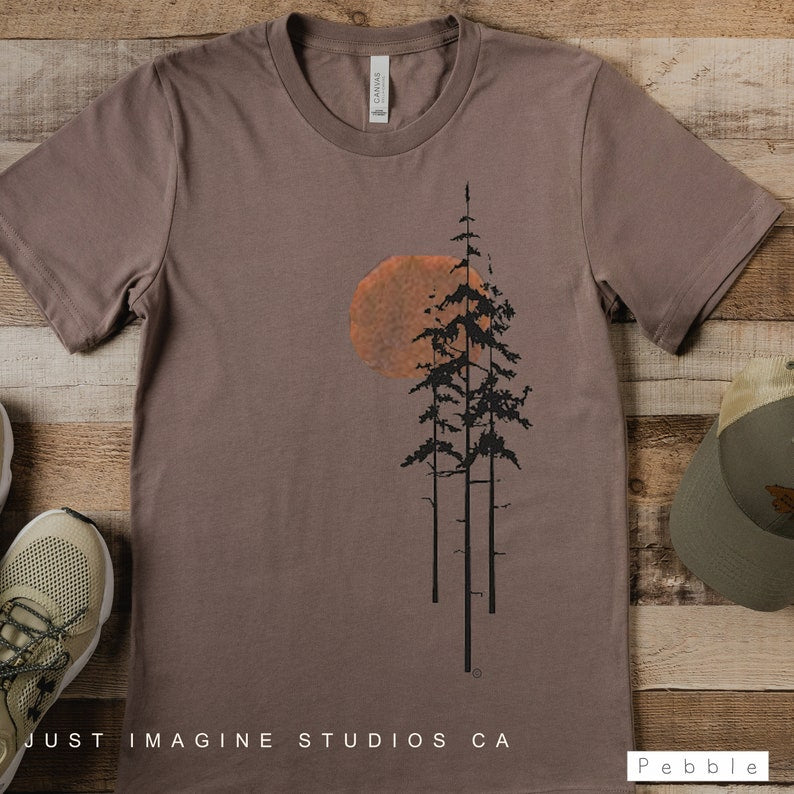 Sunrise Forest Graphic Tee: Unisex Cotton Nature Shirt, Men's outdoor tee, camping shirt, gift for men