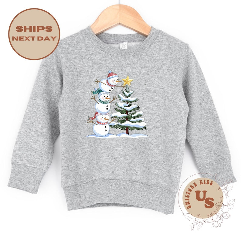 Christmas Snowman Toddler Sweatshirt, Cute Snowman Christmas Tree Kids Shirt