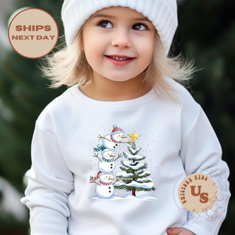 Christmas Snowman Toddler Sweatshirt, Cute Snowman Christmas Tree Kids Shirt
