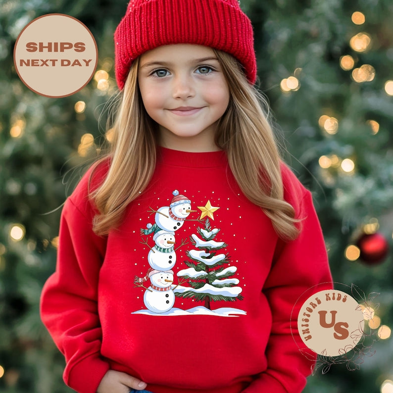 Christmas Snowman Toddler Sweatshirt, Cute Snowman Christmas Tree Kids Shirt