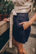 Women's Linen Shorts: Night Blue Elastic Waist Short Pants, Summer Clothing