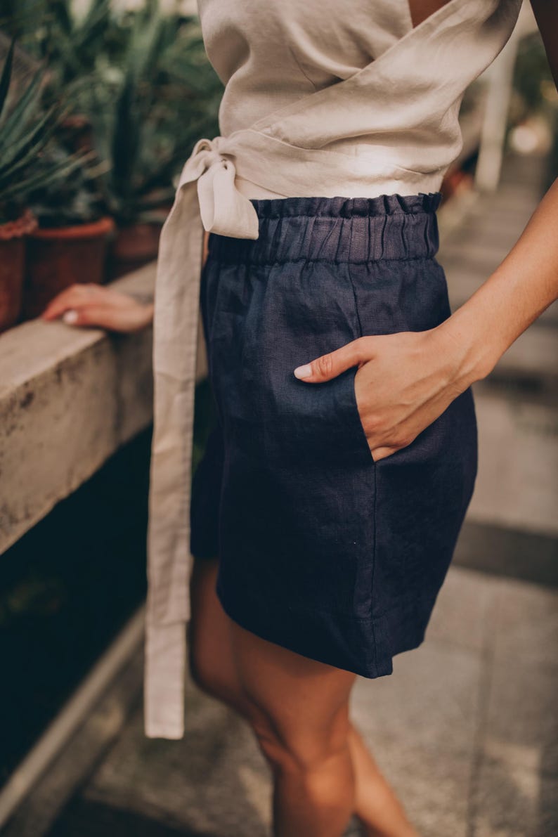 Women's Linen Shorts: Night Blue Elastic Waist Short Pants, Summer Clothing