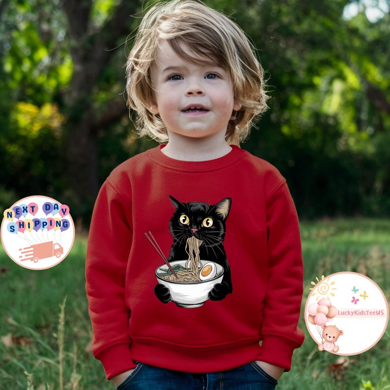 Noodle Cat Kids T-Shirt, Ramen Black Cat Toddler Sweatshirt