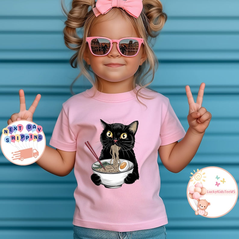 Noodle Cat Kids T-Shirt, Ramen Black Cat Toddler Sweatshirt