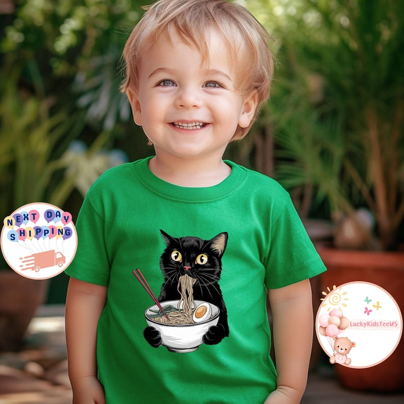 Noodle Cat Kids T-Shirt, Ramen Black Cat Toddler Sweatshirt