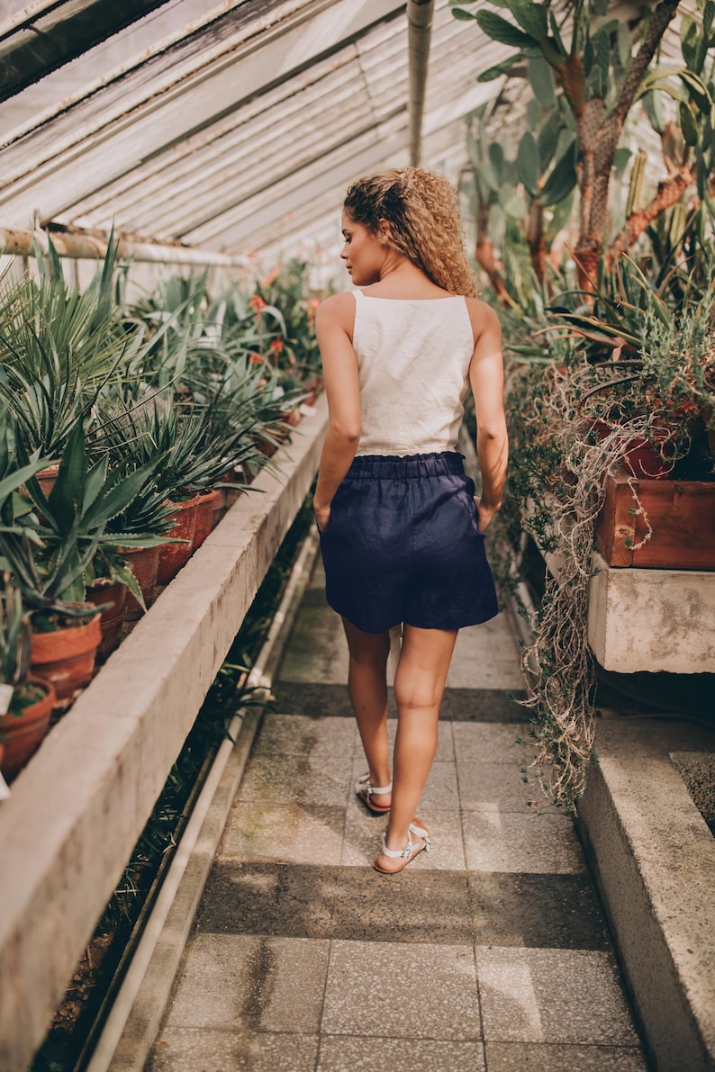 Women's Linen Shorts: Night Blue Elastic Waist Short Pants, Summer Clothing