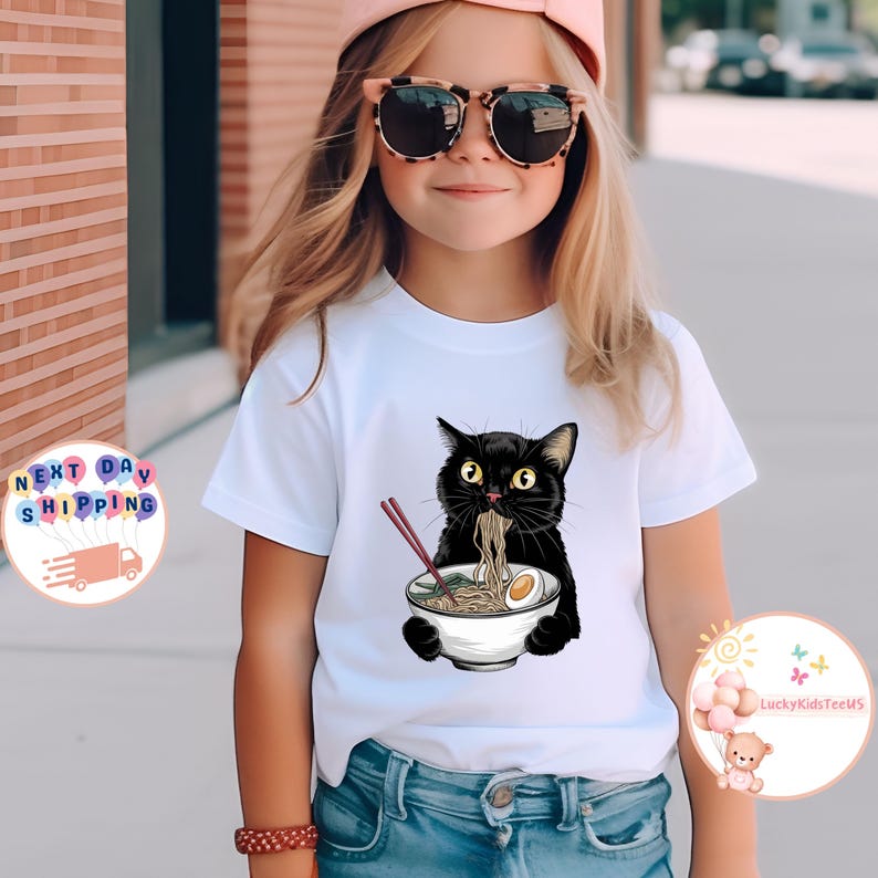 Noodle Cat Kids T-Shirt, Ramen Black Cat Toddler Sweatshirt