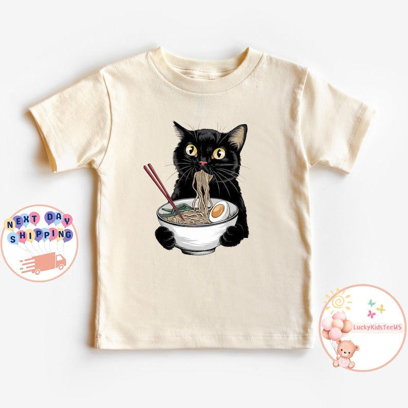Noodle Cat Kids T-Shirt, Ramen Black Cat Toddler Sweatshirt