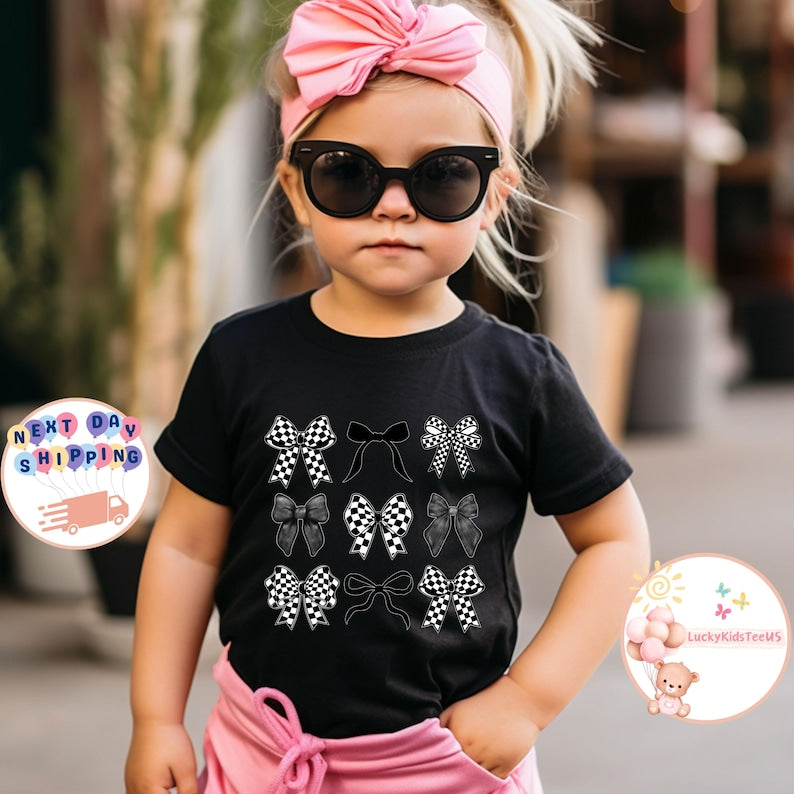 Checkered Coquette Bows Kids T-Shirt, Coquette Bows Toddler Sweatshirt
