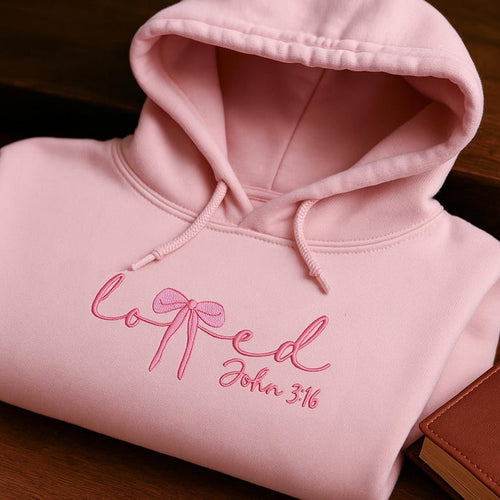 Loved Embroidered Hoodie with Bow | John 3:16 Bible Verse Christian Gift