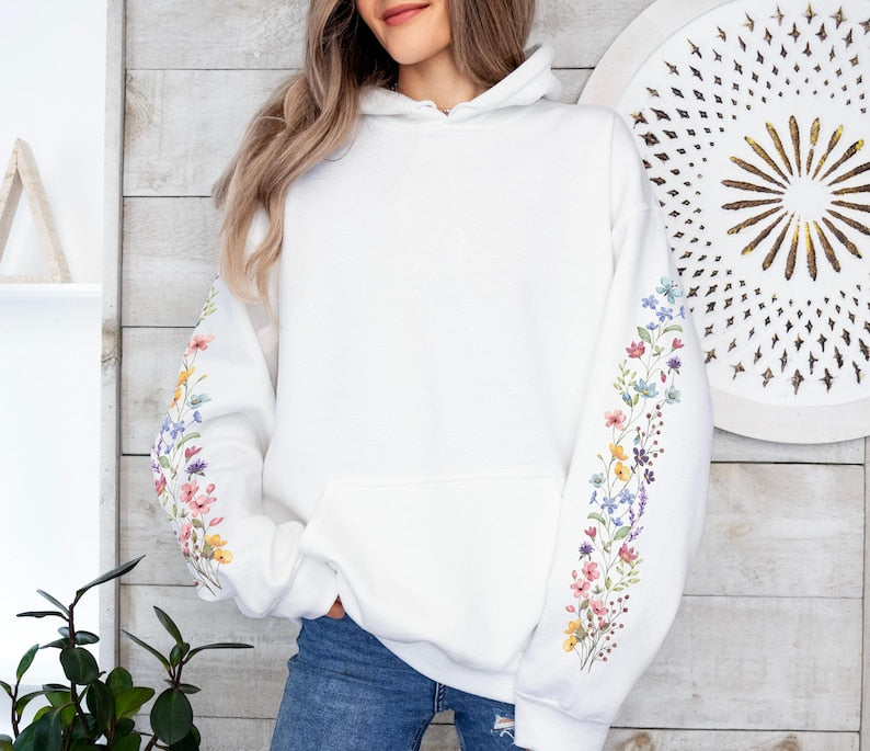 Wildflower Meadow Sleeve Design Hoodie, Cottagecore Floral Design