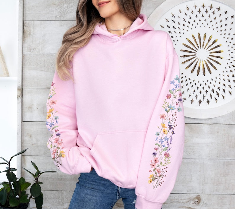 Wildflower Meadow Sleeve Design Hoodie, Cottagecore Floral Design