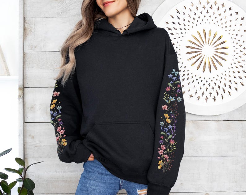 Wildflower Meadow Sleeve Design Hoodie, Cottagecore Floral Design