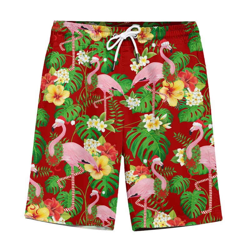 Flamingo Christmas Hawaiian Men's Shorts, Tropical Holiday Swim Trunks