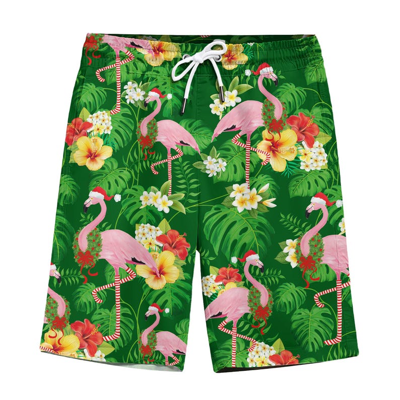 Flamingo Christmas Hawaiian Men's Shorts, Tropical Holiday Swim Trunks