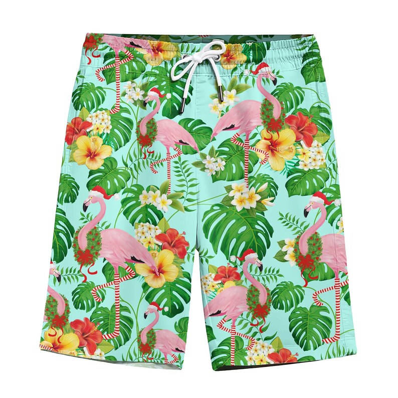 Flamingo Christmas Hawaiian Men's Shorts, Tropical Holiday Swim Trunks