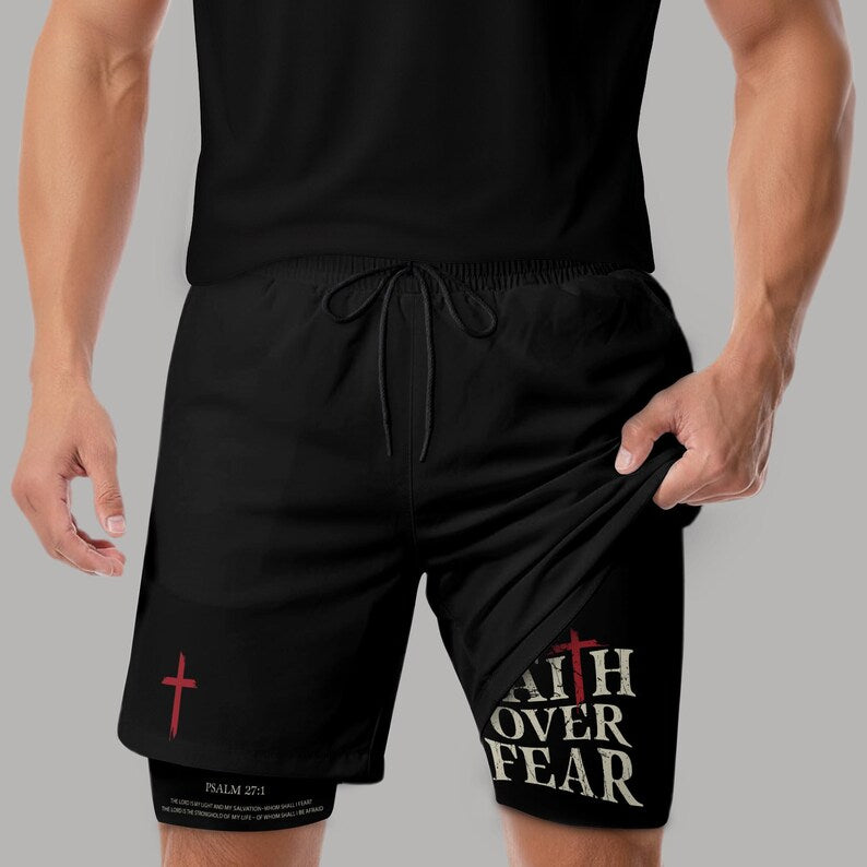 Faith Over Fear Shorts, Cross Short, Men's Gym & Sport Shorts with Pockets