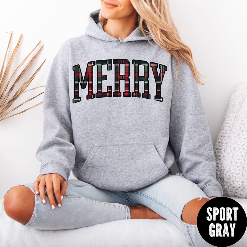 Plaid Merry Hoodie, Merry Christmas Hoodie, Tartan Plaid Merry Hoodie