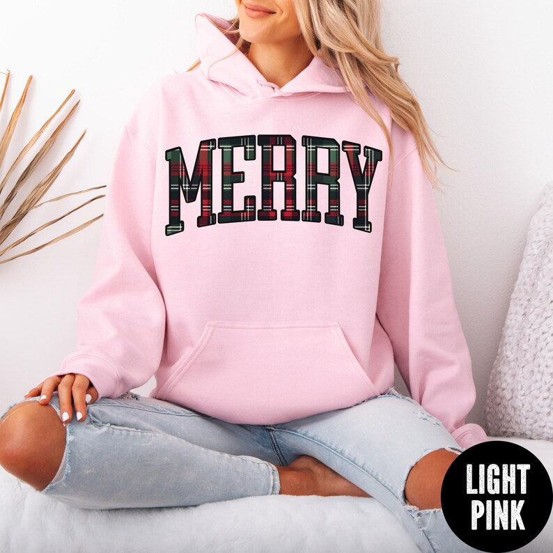 Plaid Merry Hoodie, Merry Christmas Hoodie, Tartan Plaid Merry Hoodie