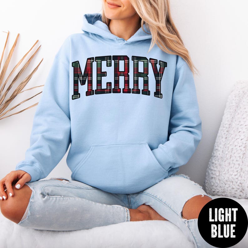 Plaid Merry Hoodie, Merry Christmas Hoodie, Tartan Plaid Merry Hoodie