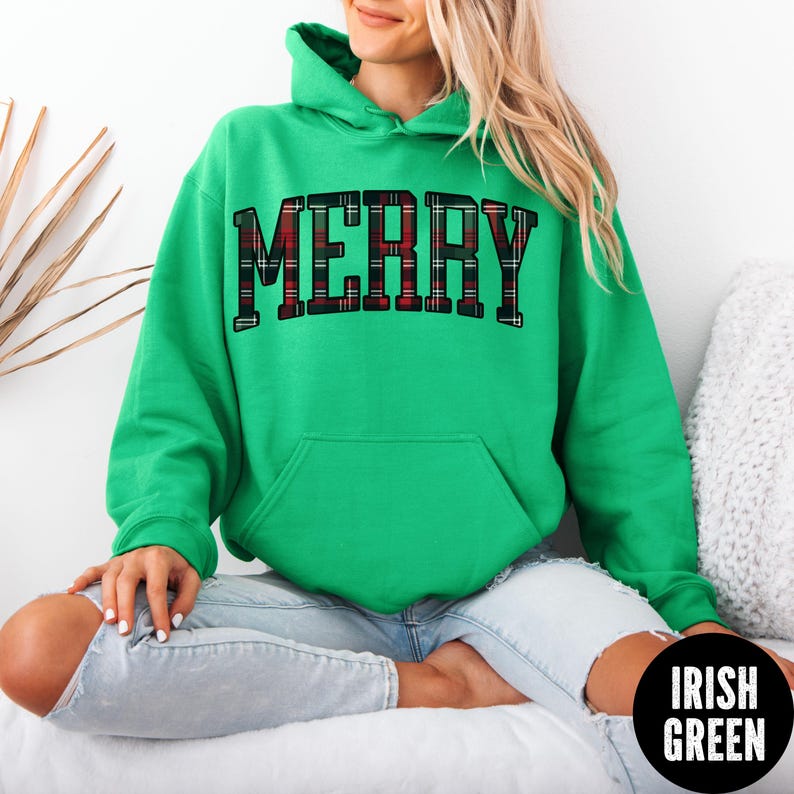 Plaid Merry Hoodie, Merry Christmas Hoodie, Tartan Plaid Merry Hoodie