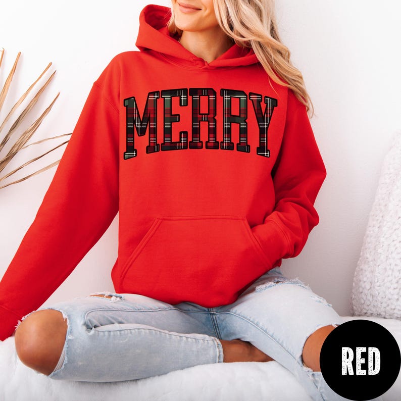 Plaid Merry Hoodie, Merry Christmas Hoodie, Tartan Plaid Merry Hoodie