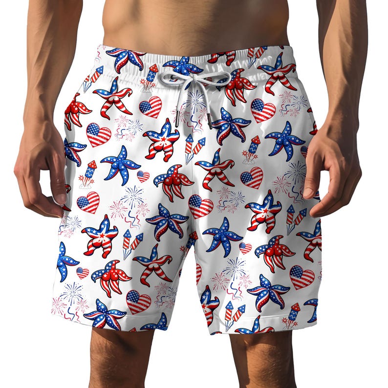 Men's Patriotic Starfish Hawaiian Shorts, 4th of July Beach Swimwear