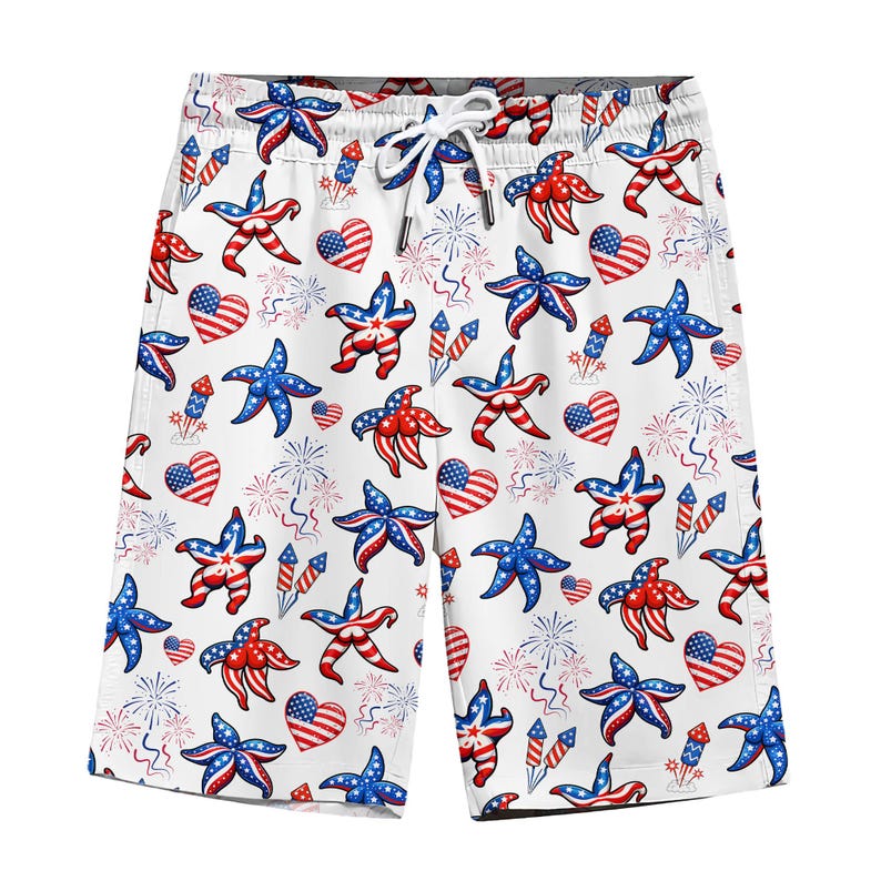 Men's Patriotic Starfish Hawaiian Shorts, 4th of July Beach Swimwear