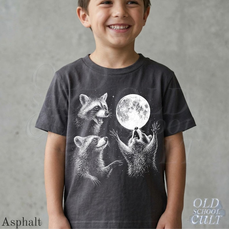 Raccoon Goth Kids T-Shirt, Dark Forest Moon Graphic Tee