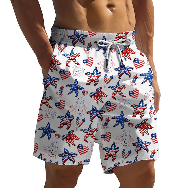 Men's Patriotic Starfish Hawaiian Shorts, 4th of July Beach Swimwear