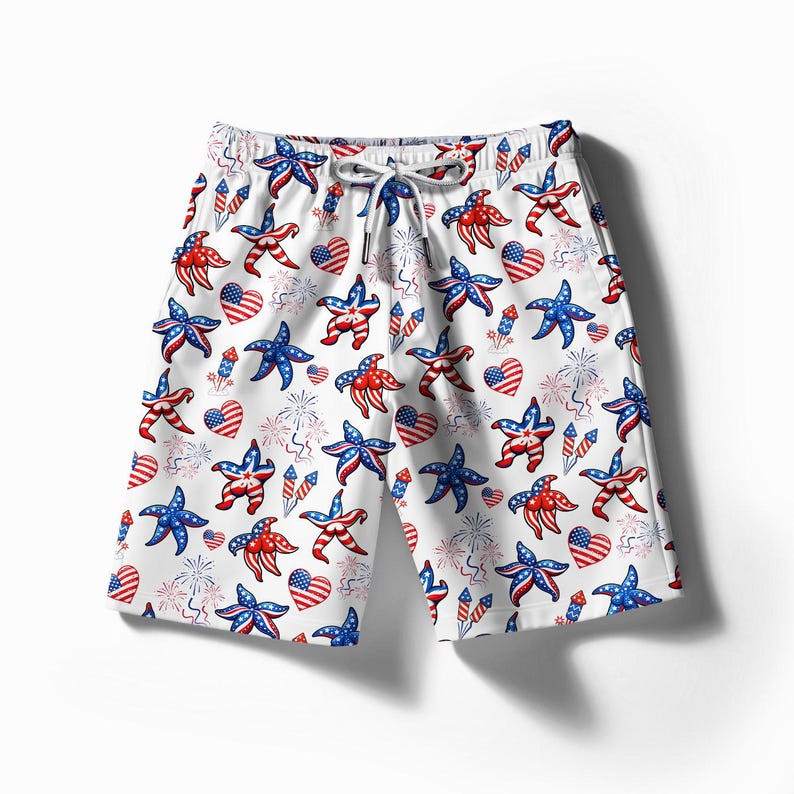 Men's Patriotic Starfish Hawaiian Shorts, 4th of July Beach Swimwear